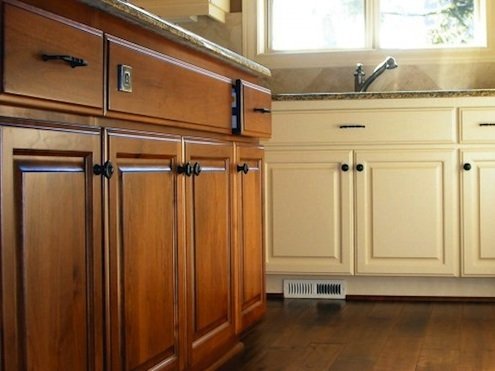 painted and stained kitchen cabinets