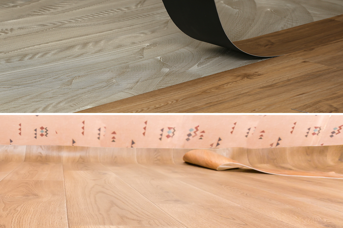 A photo of vinyl plank flooring being installed is above a photo of vinyl sheet flooring being installed.