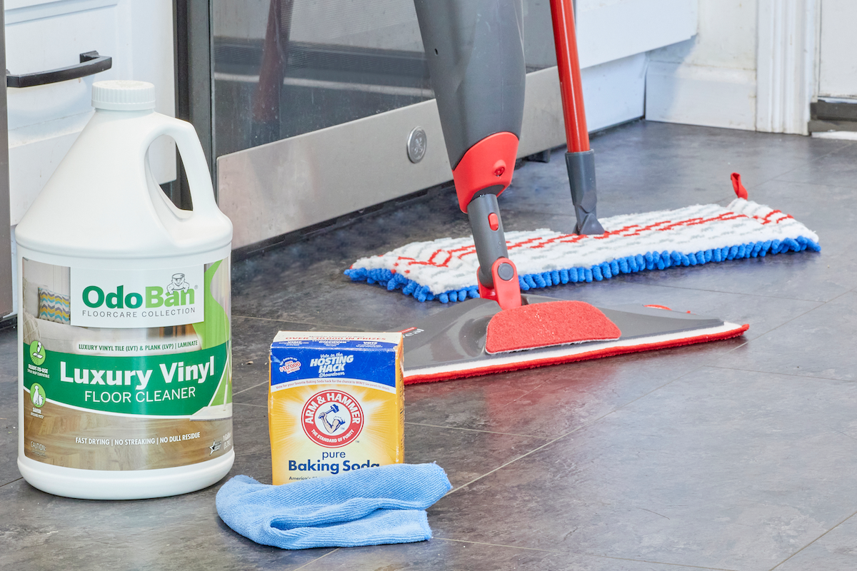 Vinyl floor cleaner, baking soda, mop, and dry mop needed to clean vinyl floors.