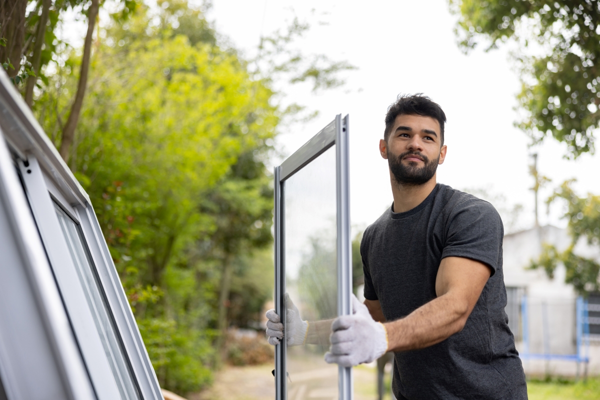 A young man is holding a storm door and ready to transport.