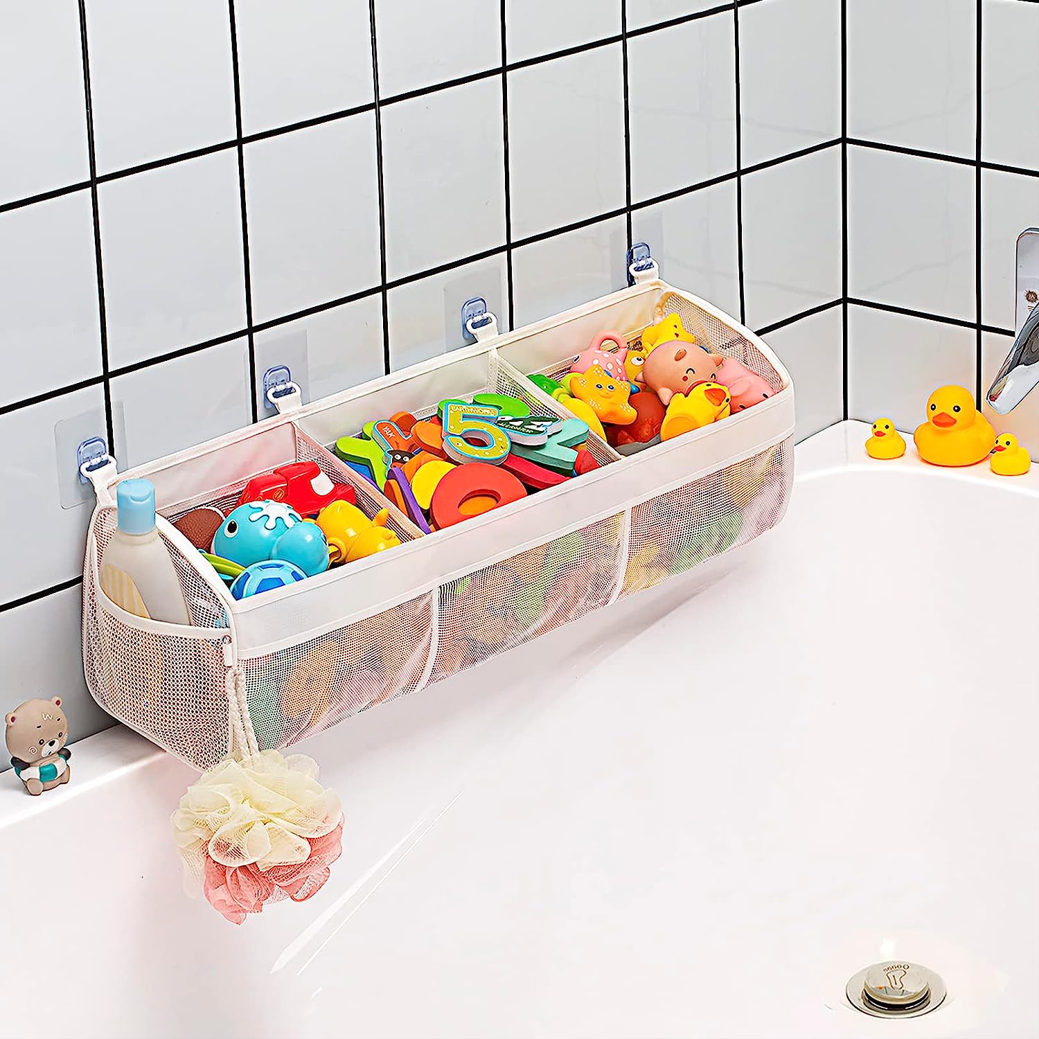 Bath toys in a bath organizer