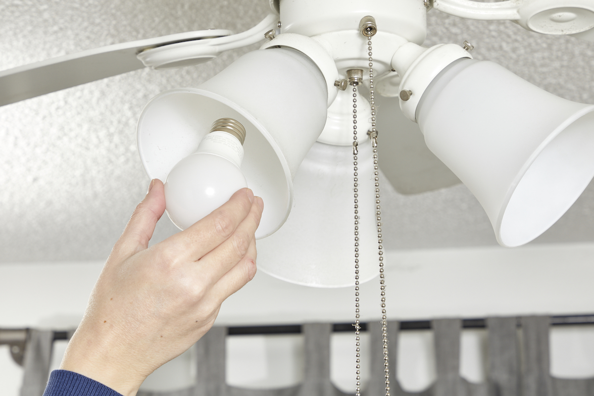 Woman removes light bulbs from ceiling fan fixture before cleaning it.