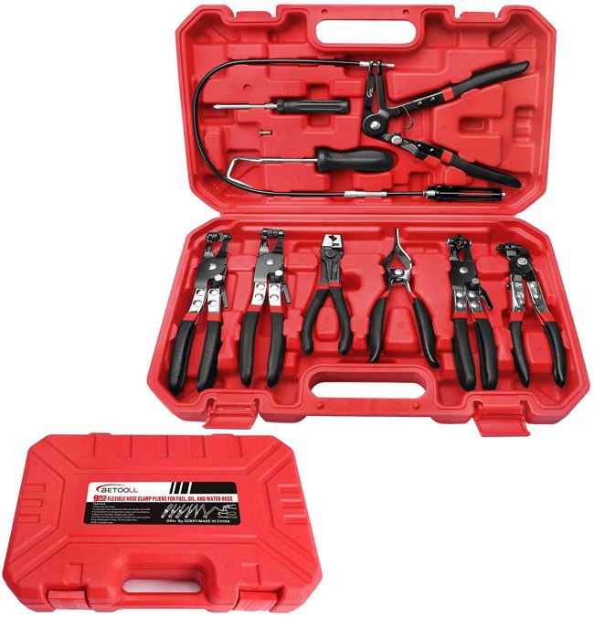 Hose Clamp Pliers set in a red plastic case