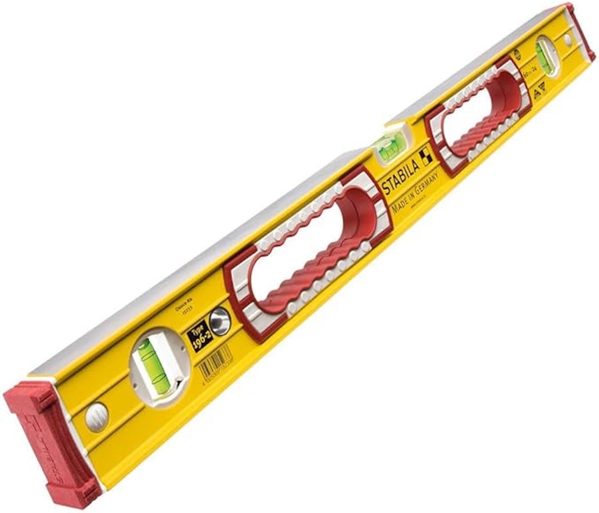 A long yellow and red Mason's level made by Stabila. 