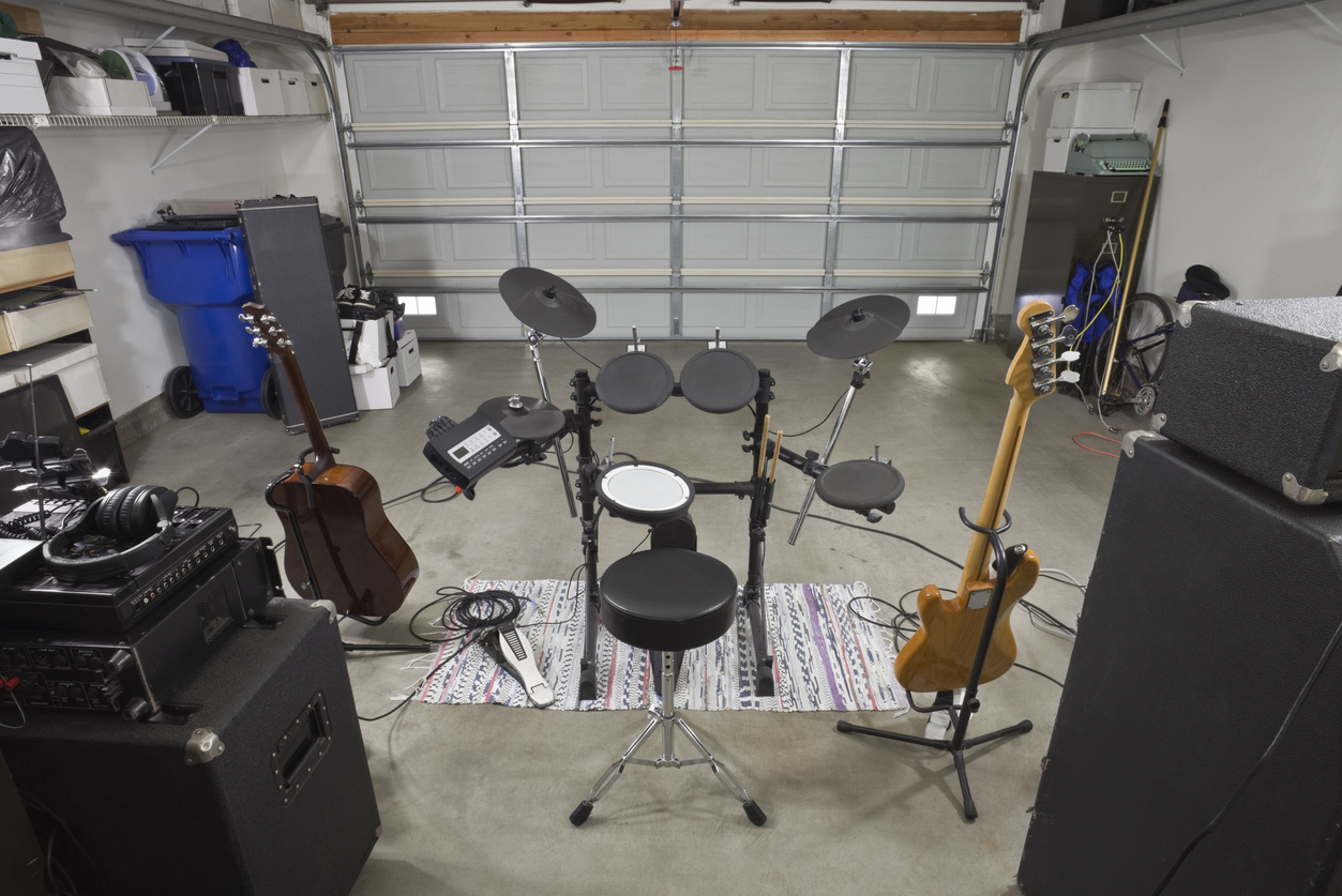 Garage rock band music equipment. Backstage view.
