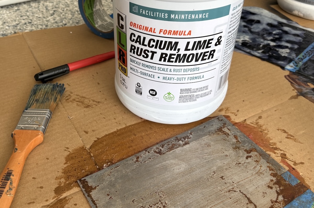CLR rust remover and a piece of metal upon which the metal has been applied.