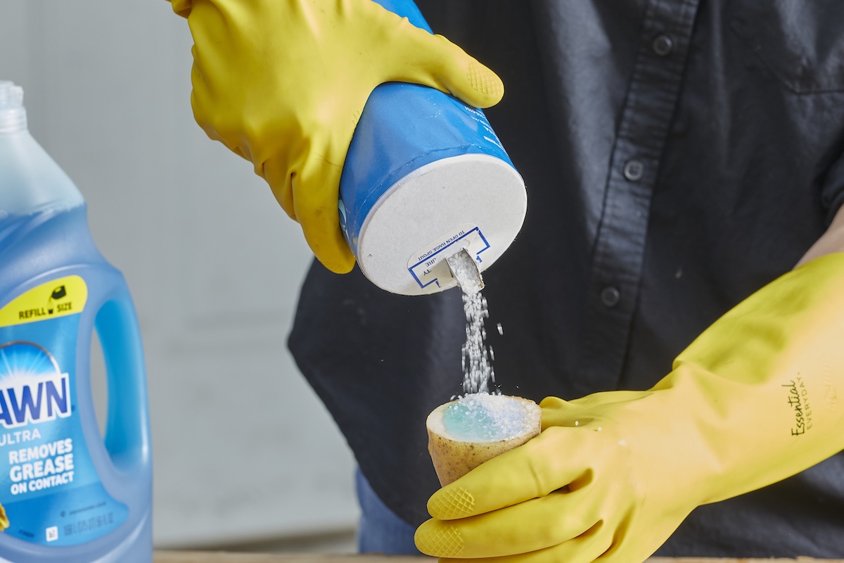 Person wearing rubber gloves sprinkles salt on a cut potato that also has dish soap on the cut.