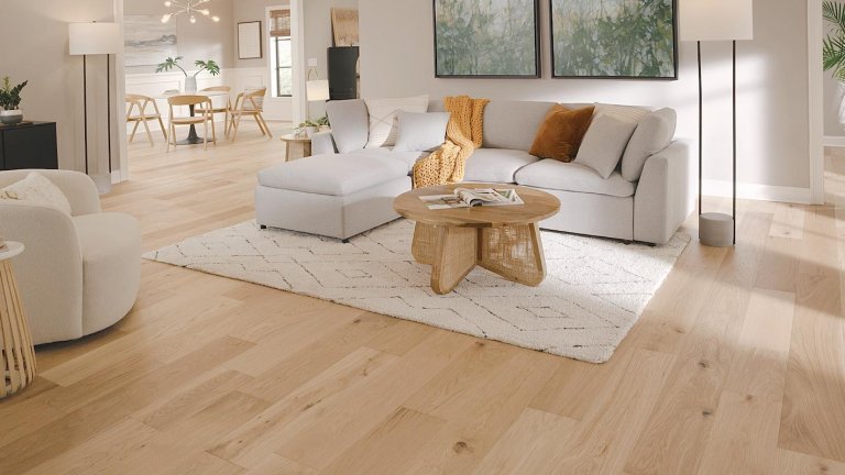 Light-colored beige decor and light floors in transitional living room with beige couch.