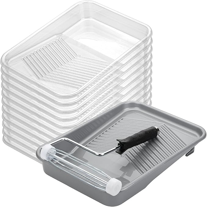 Bates metal paint tray and white plastic liners, with roller frame on top of tray.