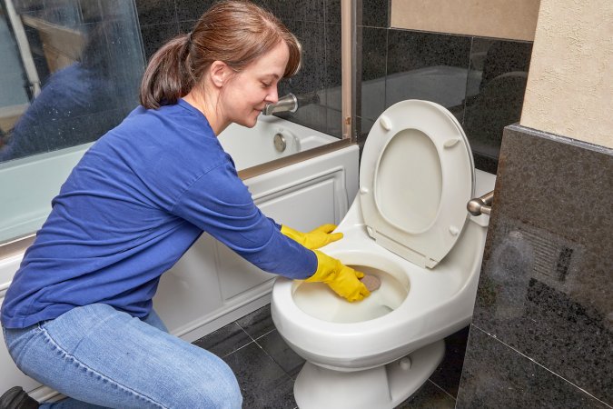 Woman scrubbing the inside of a toilet with a pumice stone.