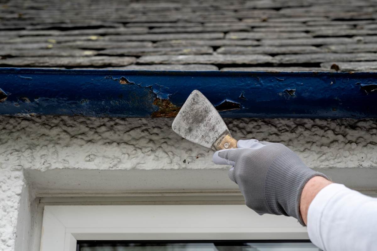 Person holding paint scraper against metal gutter with bubbling paint.