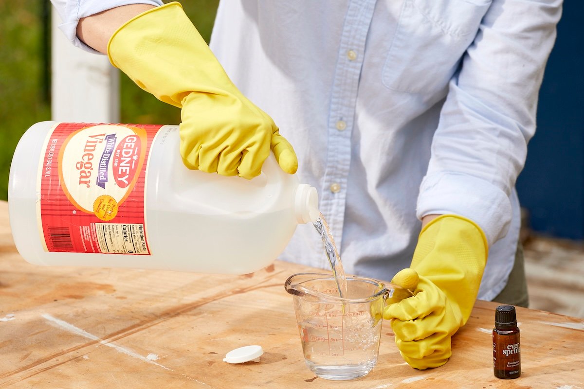 Woman pours white vinegar into a measuring cup.