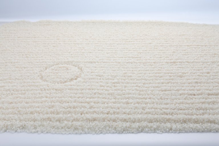 A cream-colored carpet with indentation from furniture.