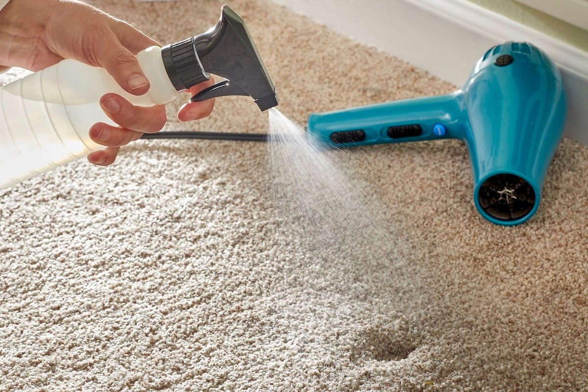 Woman sprays carpet dent with spray bottle, a hair dryer in the background.