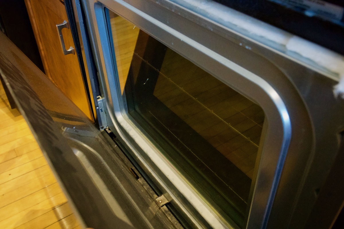 The space between oven glass panes. 