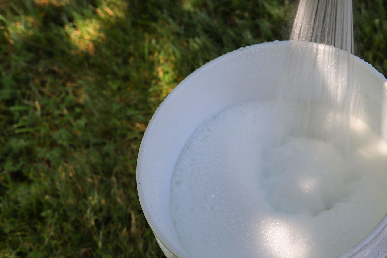 A bucket of soapy water is being filled on a grass lawn.