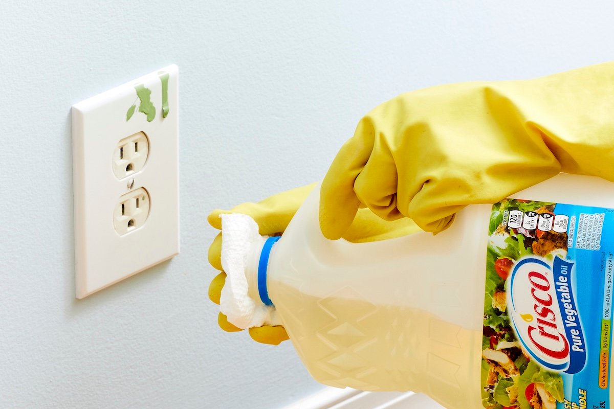 Woman wearing yellow rubber gloves applies vegetable oil to a folded paper towel, an electrical outlet nearby.