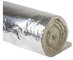 A roll of backed batt insulation on a white background.