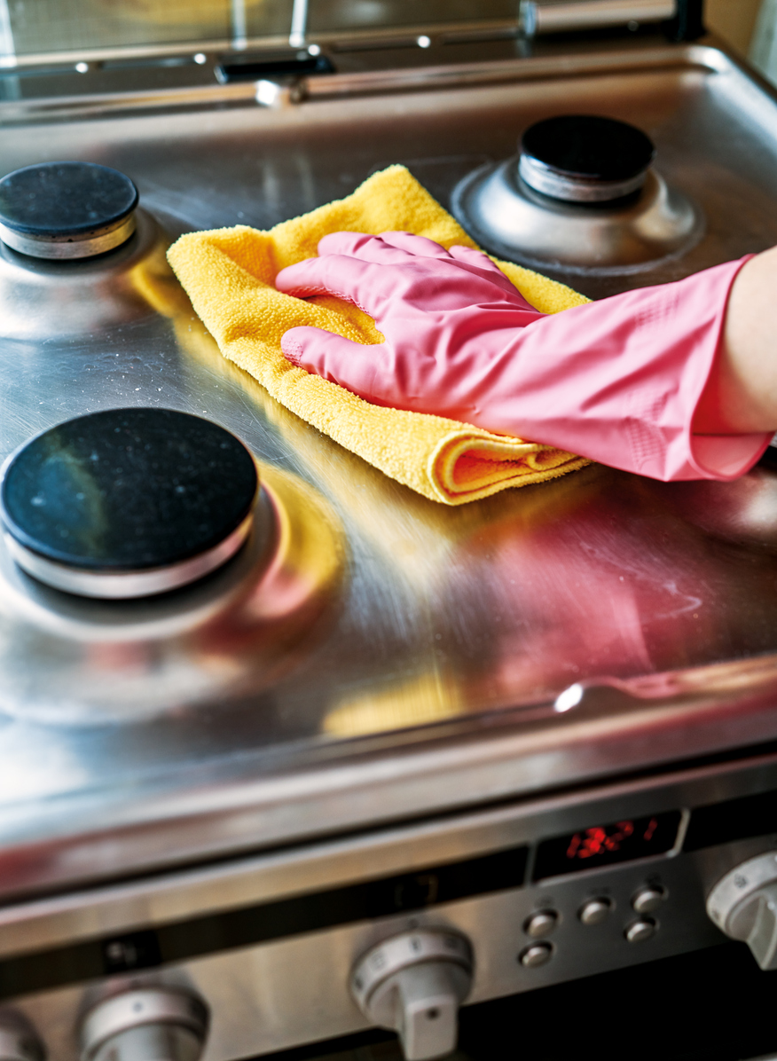 hand in pink glove wipes stainless steel stove top with yellow microfiber cloth
