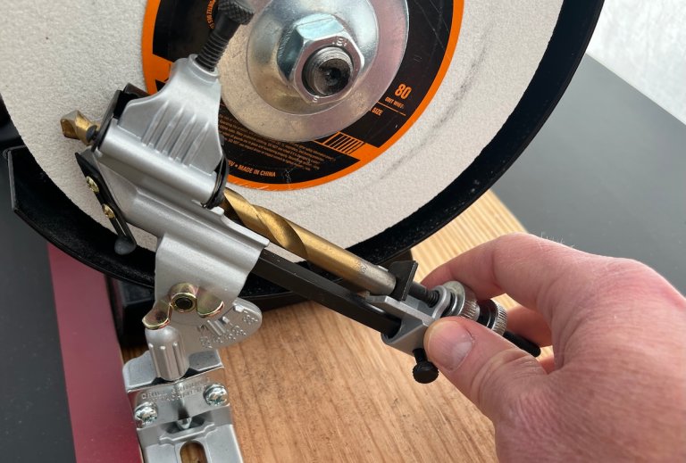 Using a General Tools drill bit sharpening jig to sharpen drill bits.