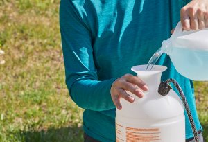 Woman fills a pump sprayer with water from a 1-gallon jug outdoors.