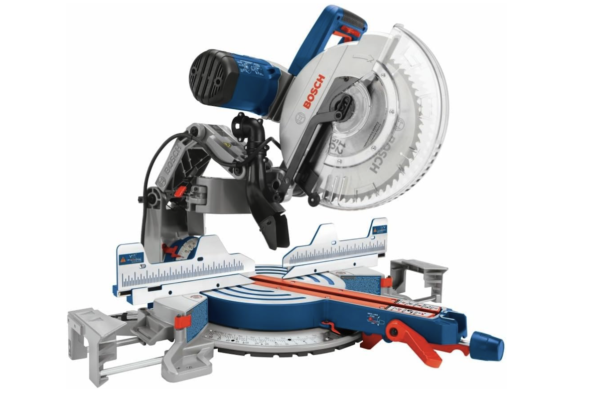 A blue and red Bosch miter saw with a built-in ruler. 