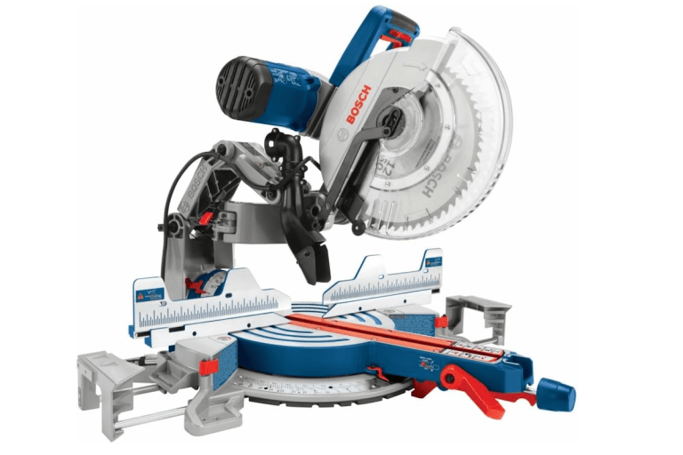 A blue and red Bosch miter saw with a built-in ruler.