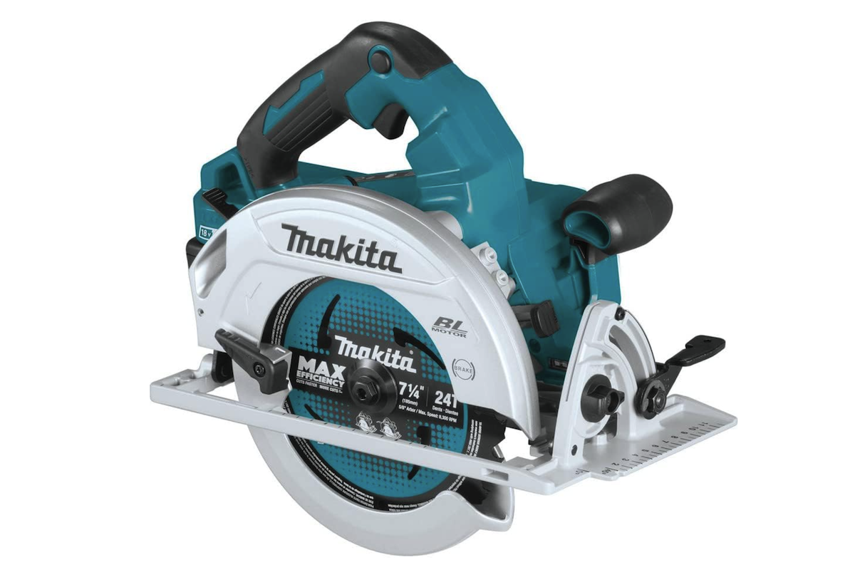 A turquoise-colored Makita circular saw. 