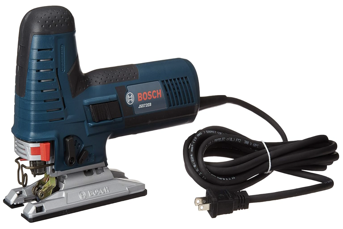 A dark blue Bosch jigsaw. 