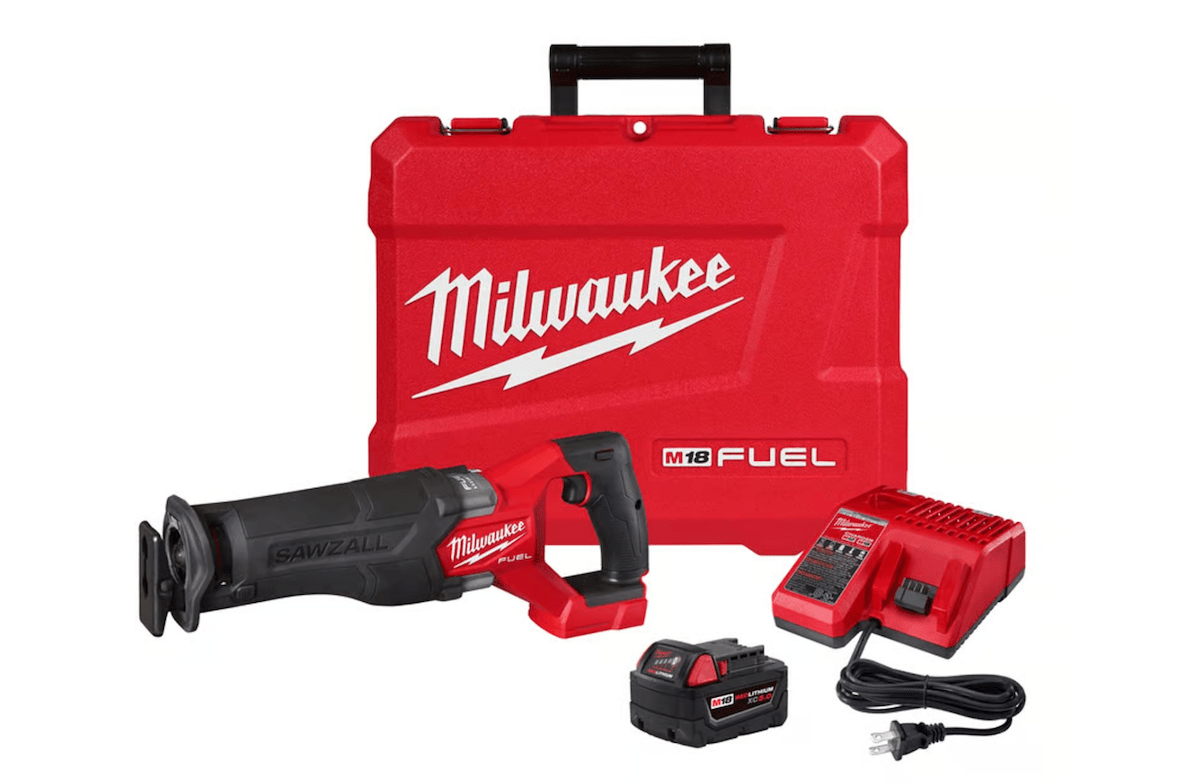 A Milwaukee reciprocating saw with a case and accessories. 