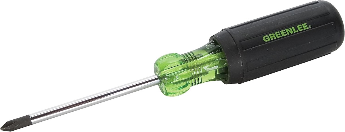 A green and black Phillips screwdriver from Greenlee.
