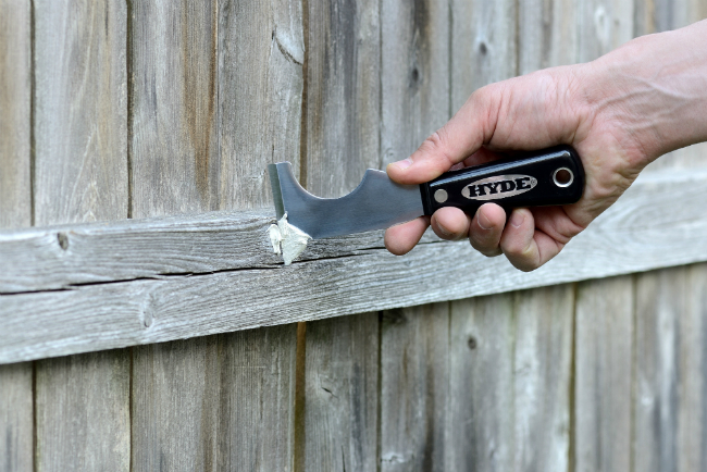 Fill Nail Holes in Fence with Hyde's Black & Silver 5-in-1 Tool