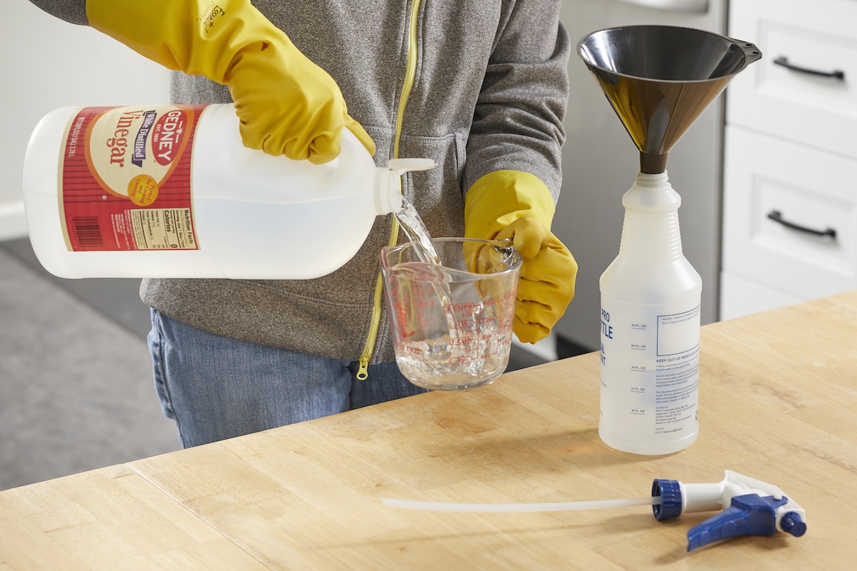 Woman pours vinegar from large jug into a measuring cup.