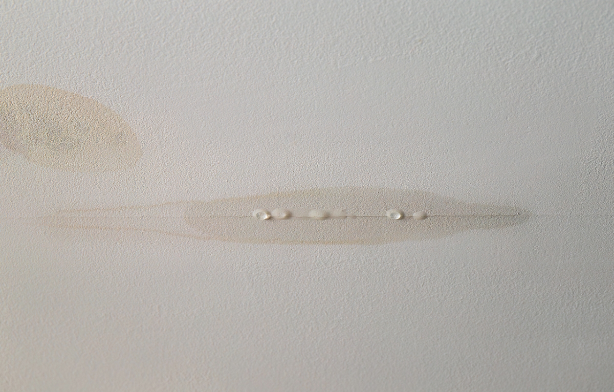 Water dripping through stain on ceiling.