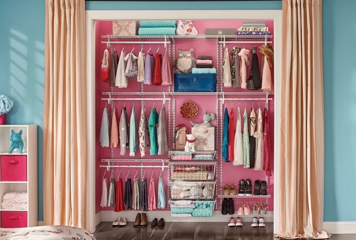 Pink closet with shelving