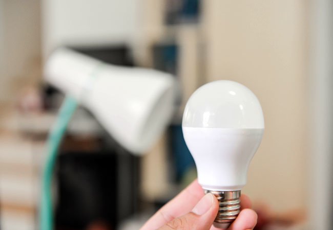 A person holding the best LED light bulb option with a lamp in the background