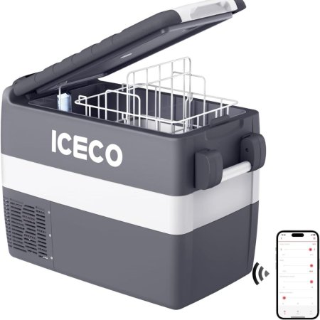  The Iceco JP40 Portable Refrigerator Freezer on a white background with its lid open and a phone next to it displaying the Iceco app.