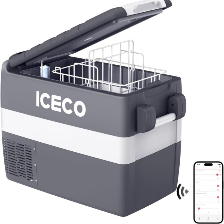  The Iceco JP40 Portable Refrigerator Freezer on a white background with its lid open and a phone next to it displaying the Iceco app.