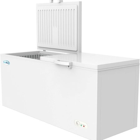  The KoolMore SCF-20C Chest Freezer with one side of the lid open on a white background.