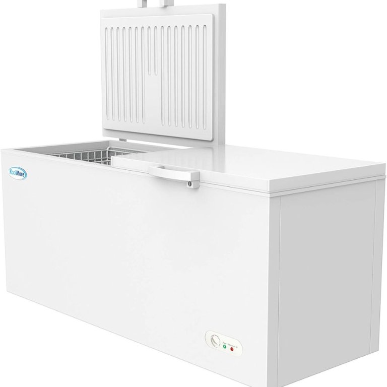  The KoolMore SCF-20C Chest Freezer with one side of the lid open on a white background.