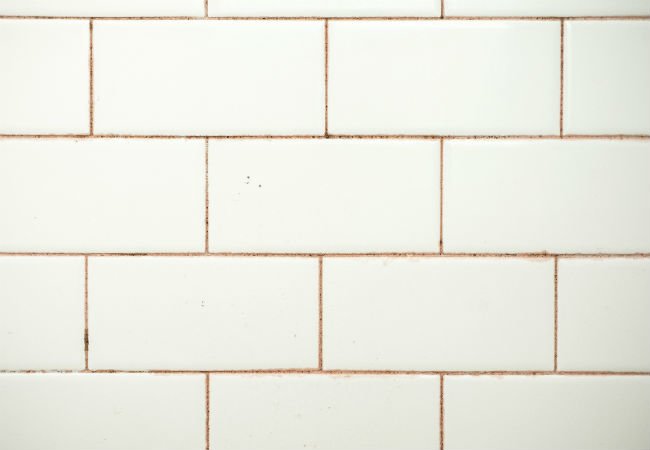 Pink mold in white tile grout.