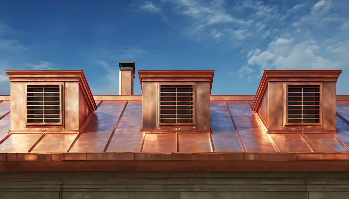 Copper roof under blue sky.