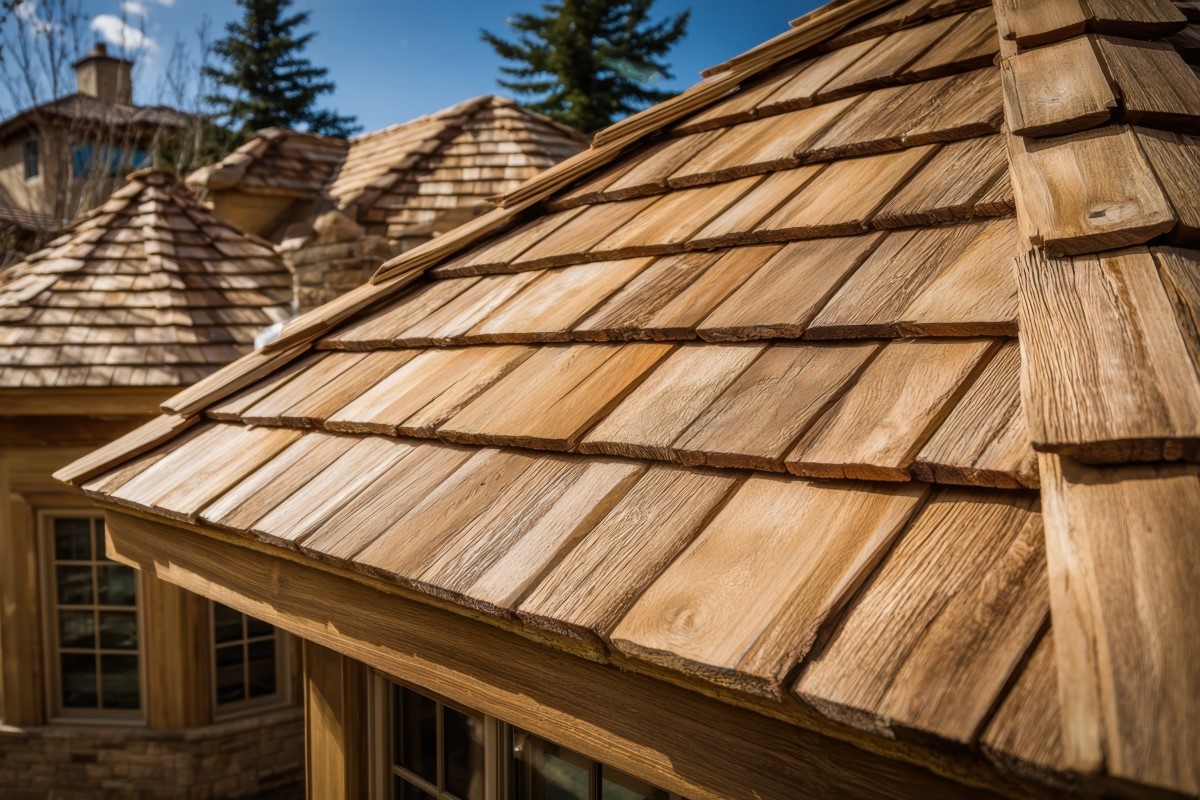 Authentic Cedar Wood Shingles Creating a Weathered and Natural Roof Texture on a Rustic Home Exterior