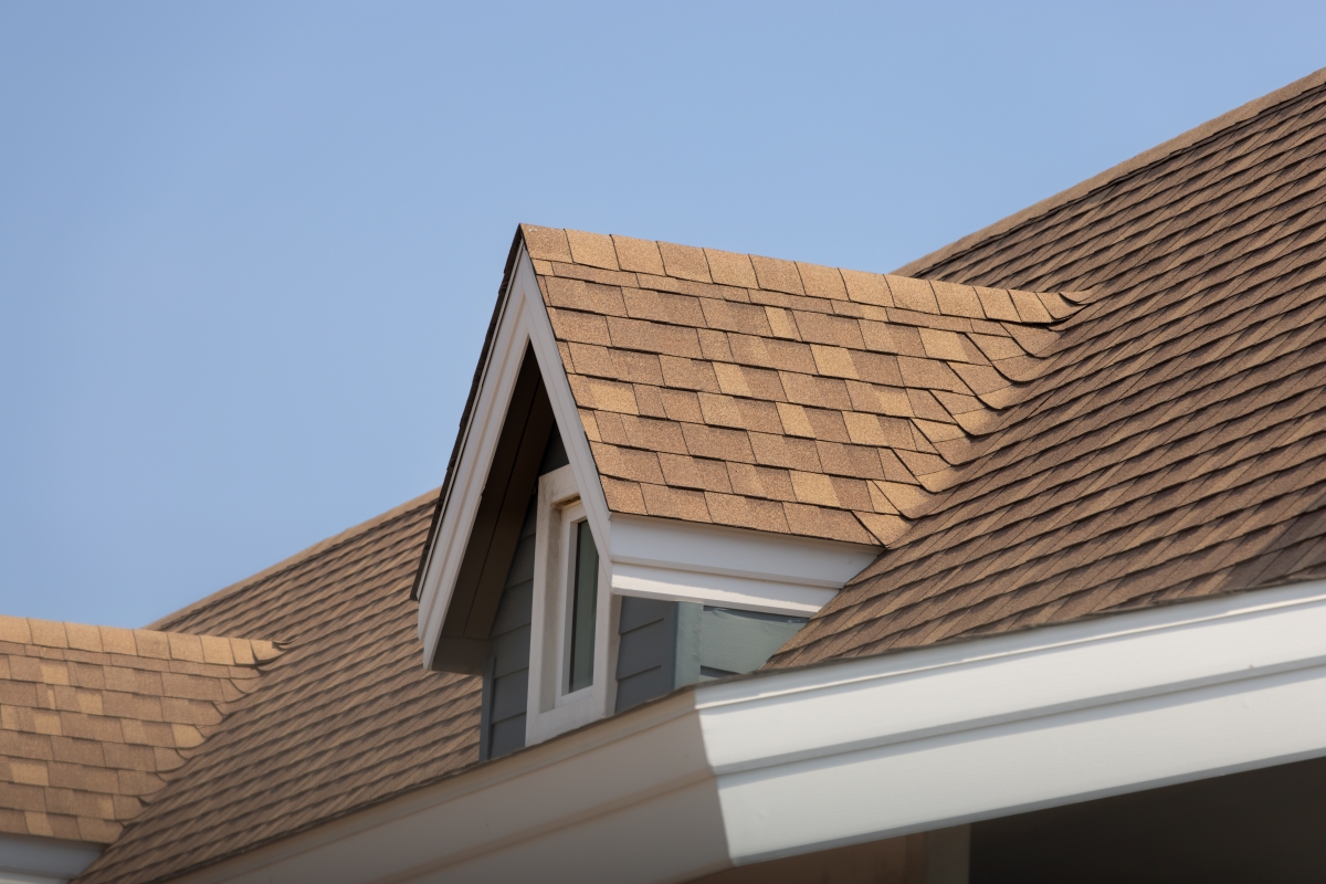 Roof shingles with dark brown asphalt tiles on the roof.
