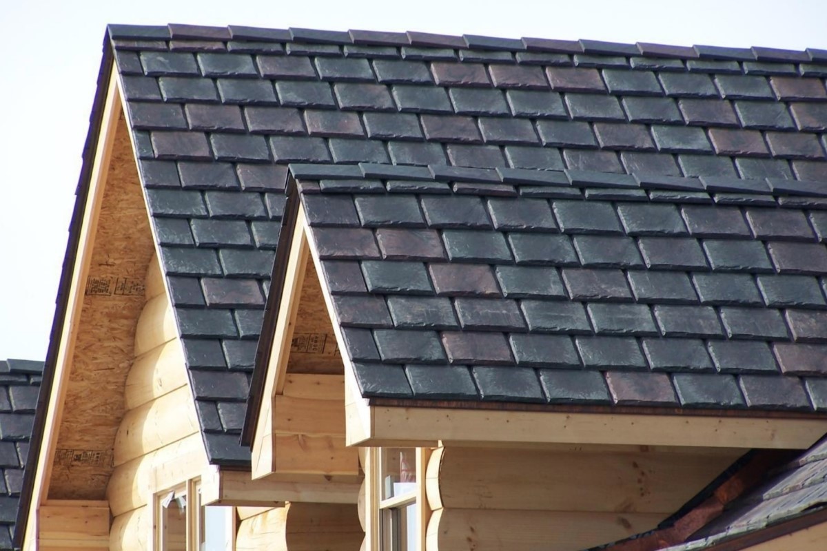 Roof with rubber slate tiles.