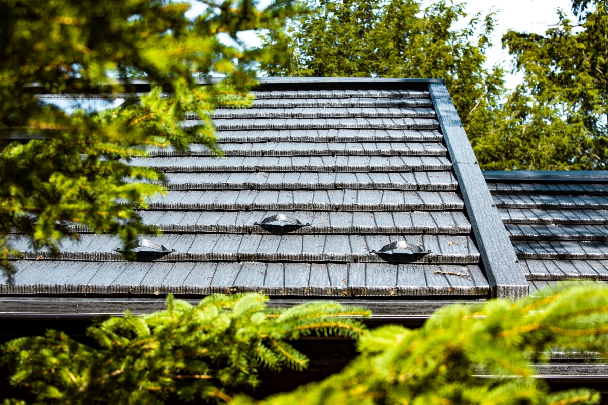 Steel shingles on roof.