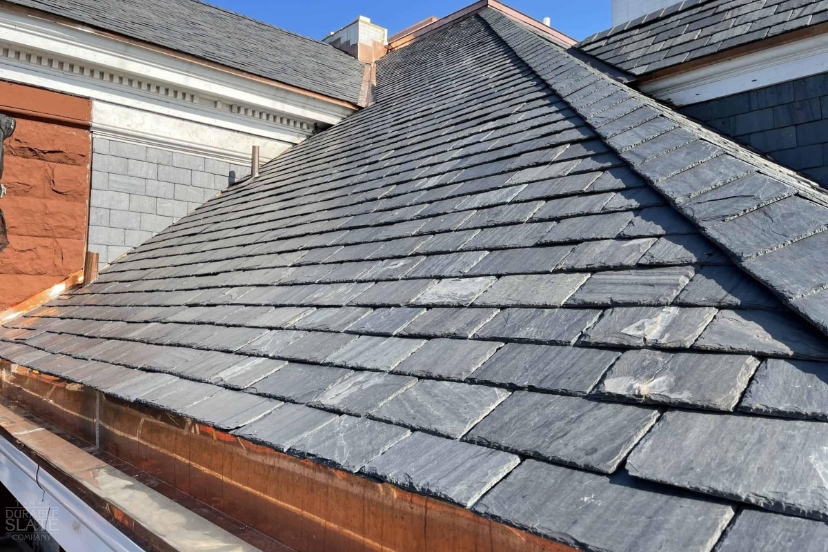Slate roofing on a building. 
