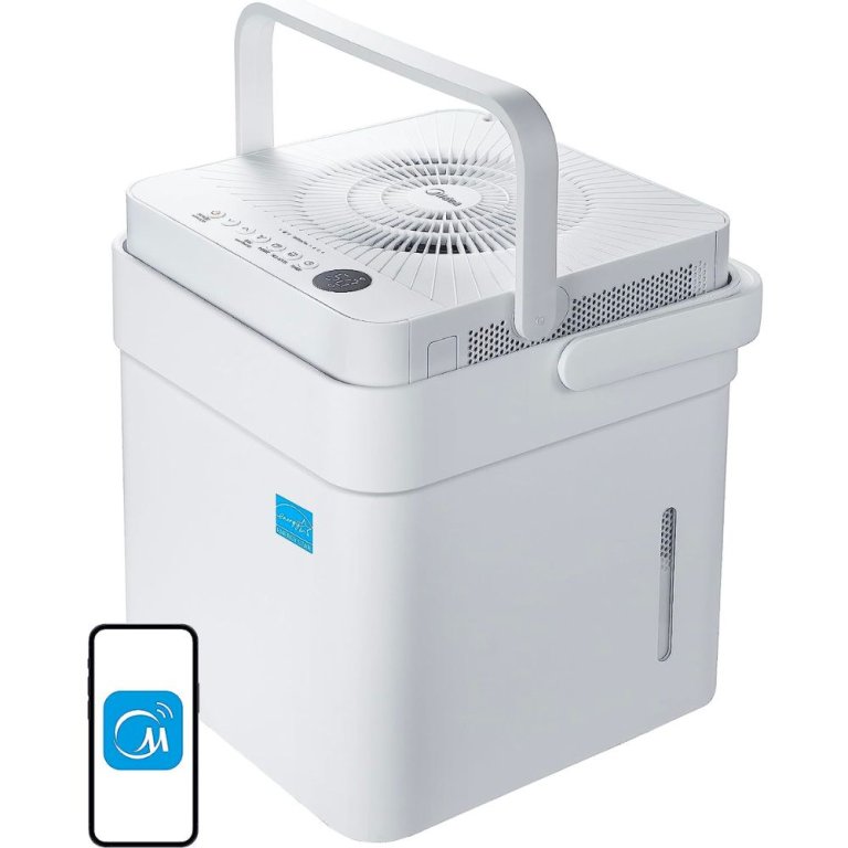  The Midea Cube 20-Pint Smart Control Dehumidifier and a phone showing the Midea app on a white background.