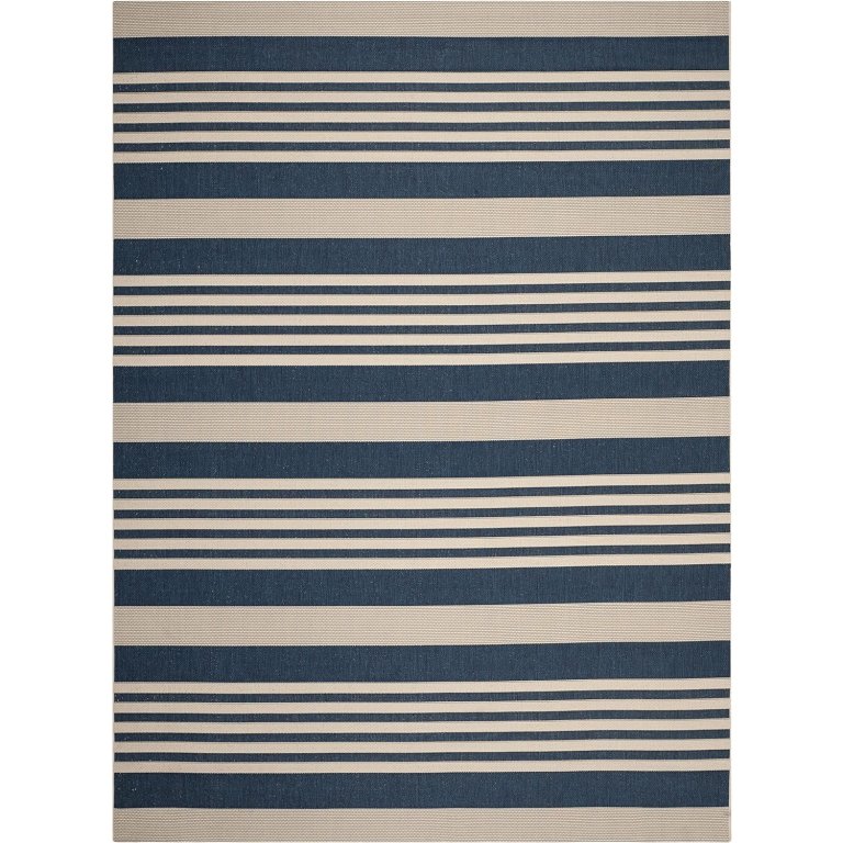  Safavieh Courtyard Collection blue and cream striped Indoor/Outdoor Rug on white background