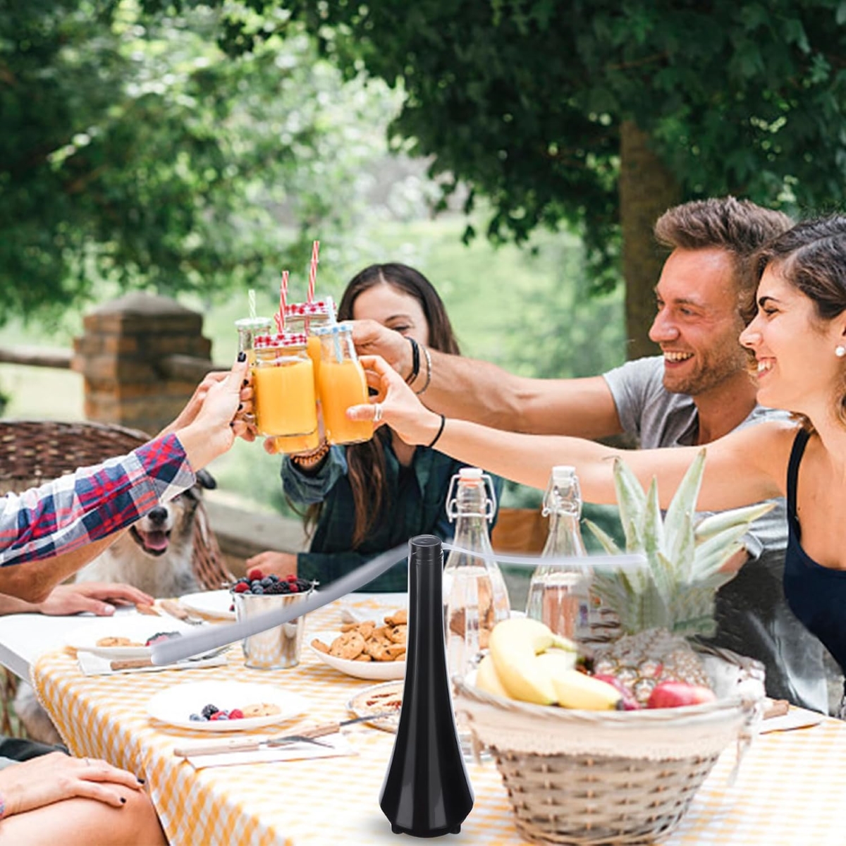 Group of friends enjoying an outdoor picnic with fan on table.